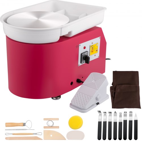 Pottery Wheel 11in 0-300 RPM Ceramic Wheel, 350W Adjustable Speed Forming Machine with Sculpting Tools and Apron, Detachable Basin Foot Pedal Control for Art Craft Work and Home DIY Pink