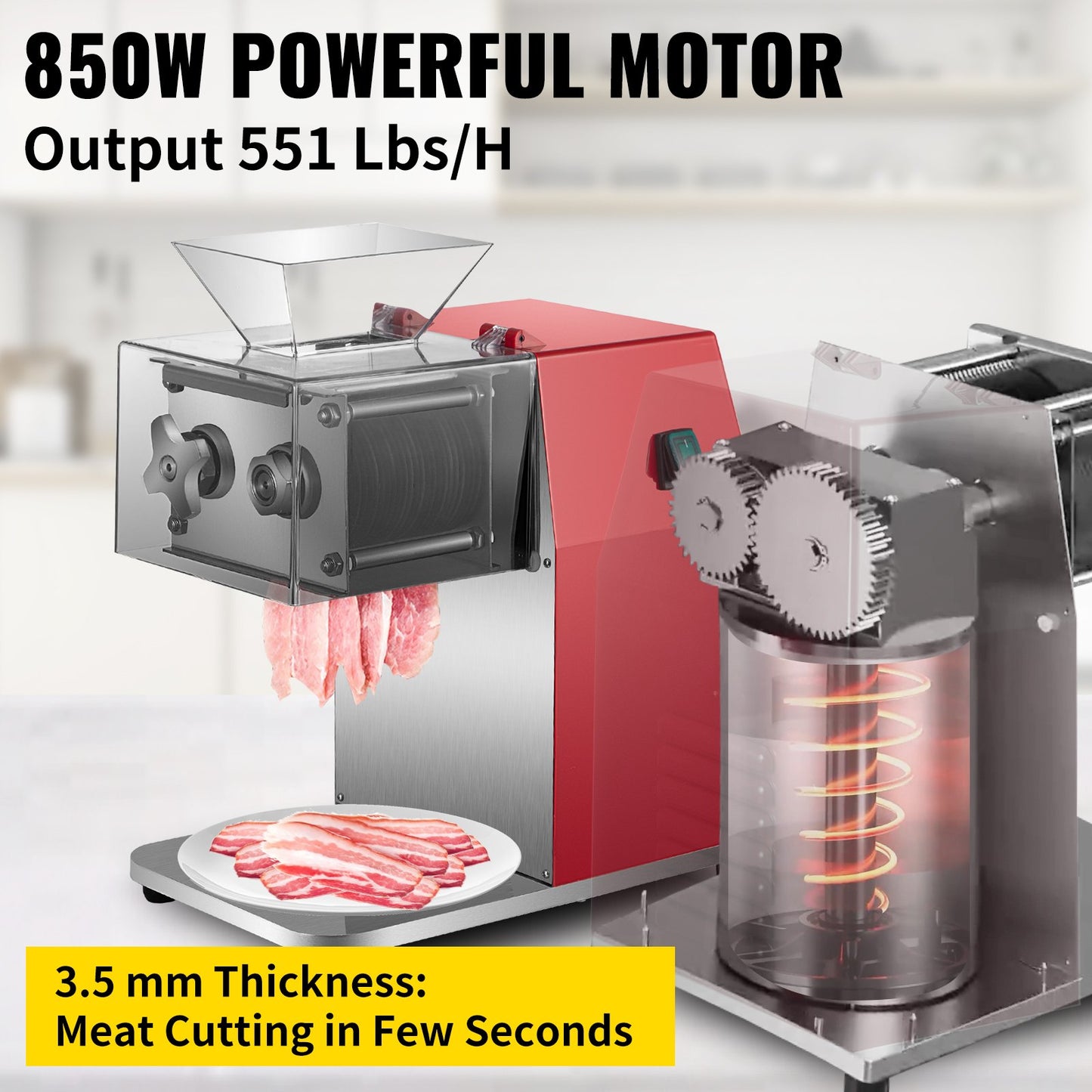 Commercial Meat Cutting Machine, 551 Lbs/H 850W Meat Shredding Machine, 3.5mm Blade Electric Meat Cutter, Stainless Steel Restaurant Food Cutter, for Kitchen Supermarket Lamb Beef Chicken, Red