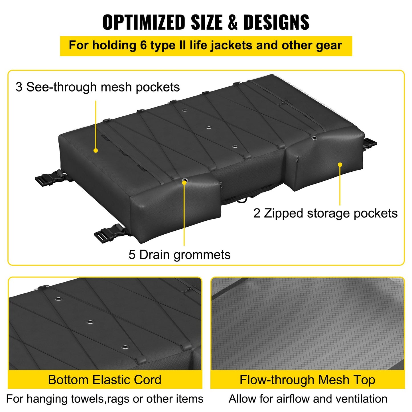 T-Top Storage Bag, for 6 Type II Life Jackets, w/ a Boat Trash Bag, 600D Oxford?Fabric Life Vests Storage Bag for Most T-Top Boats, Bimini Tops and Pontoon Tops (Life Jackets not Included)
