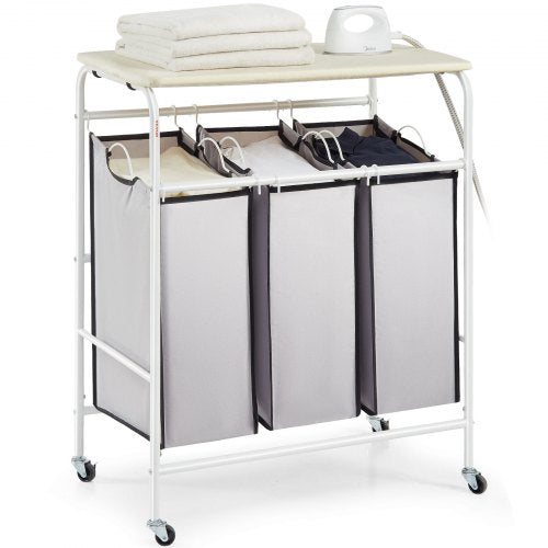 3-Section Laundry Sorter Cart with Ironing Board, Laundry Hamper with Heavy Duty Lockable Wheels and 3 Removable Bag, Rolling Laundry Basket Sorter for Clothes Storage
