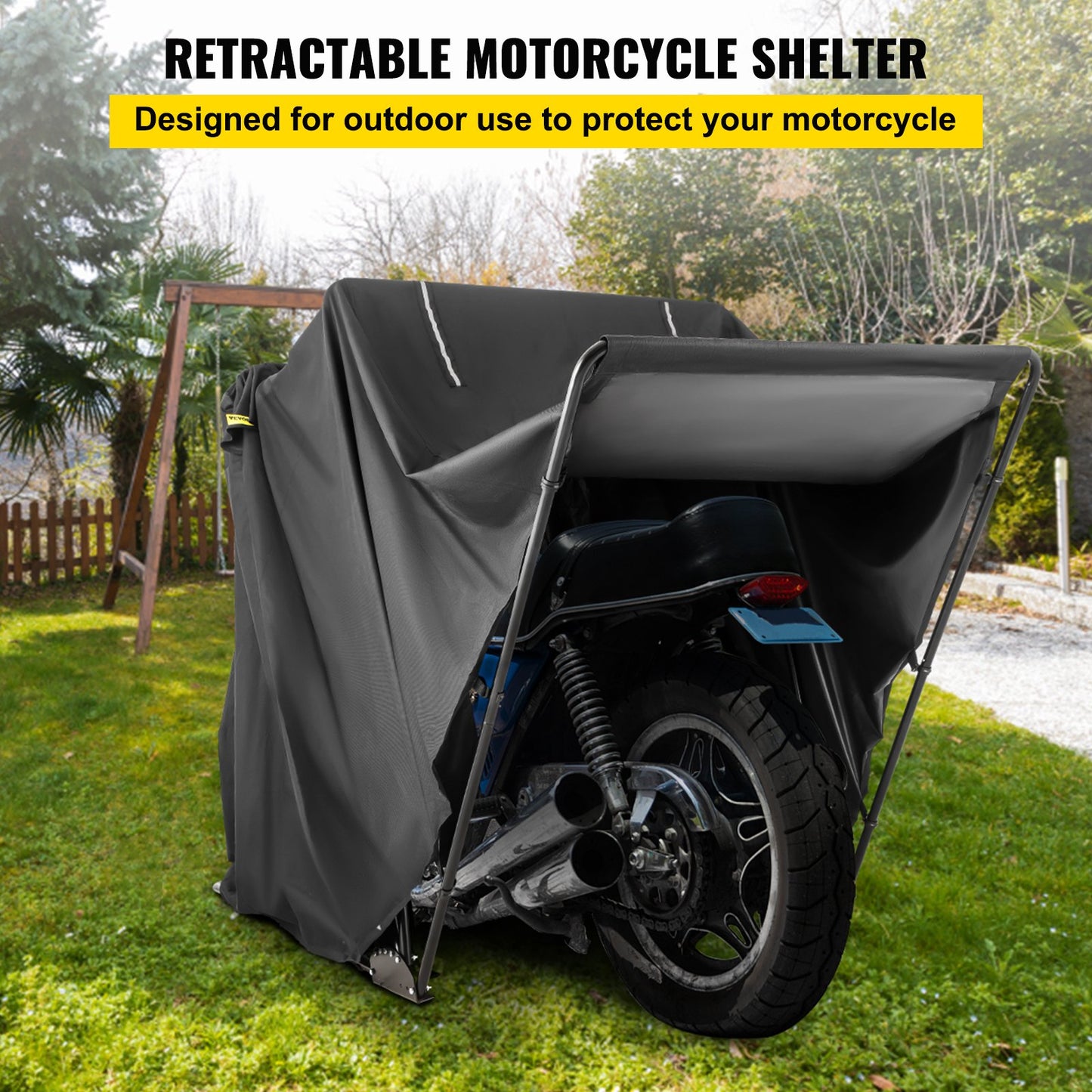 Motorcycle Shelter, Waterproof Motorcycle Cover, Heavy Duty Motorcycle Shelter Shed, 600D Oxford Motorbike Shed Anti-UV, 106.3"x41.3"x62.9" Black Shelter Storage Garage Tent w/ Lock & Weight Bag