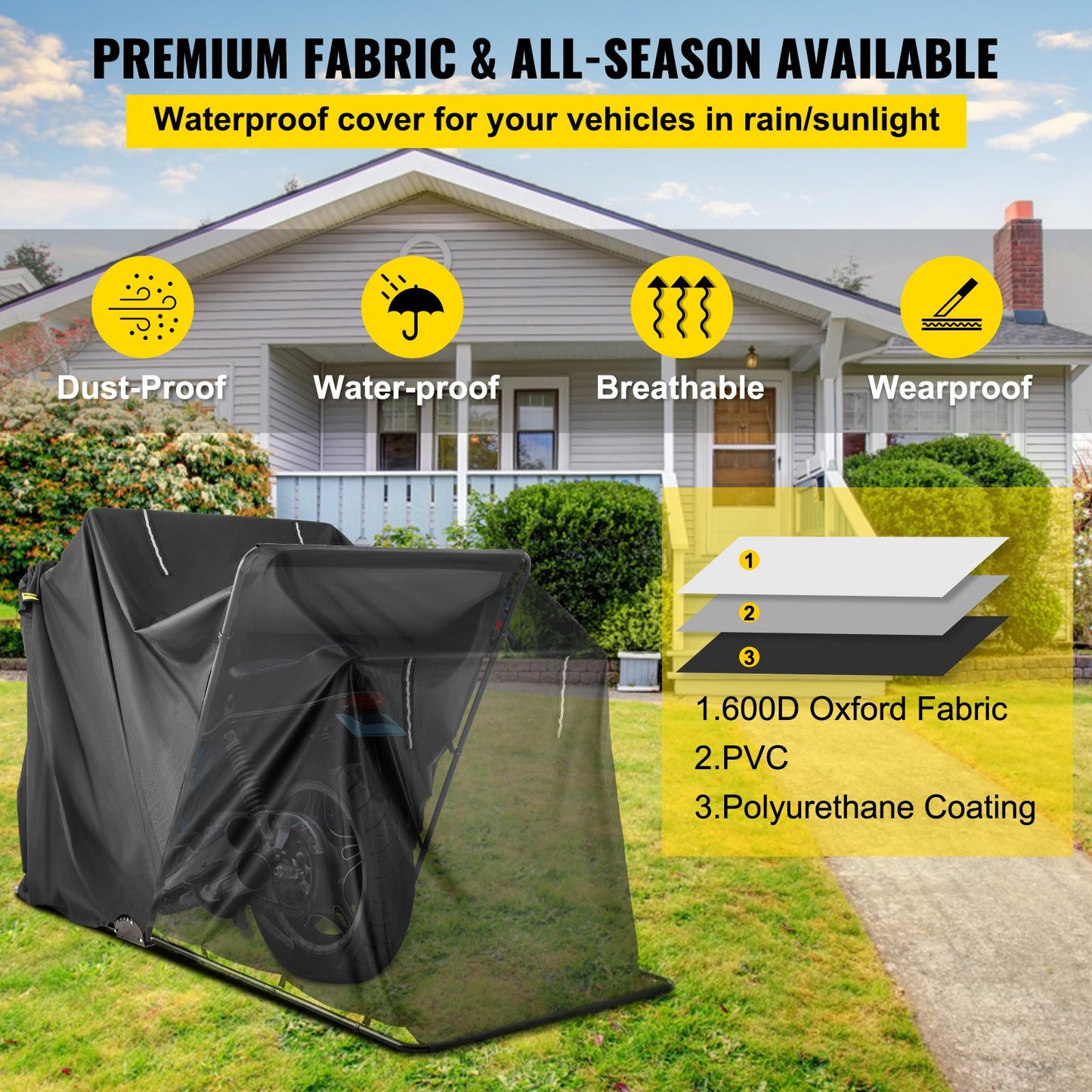 Motorcycle Shelter, Waterproof Motorcycle Cover, Heavy Duty Motorcycle Shelter Shed, 600D Oxford Motorbike Shed Anti-UV, 106.3"x41.3"x62.9" Black Shelter Storage Garage Tent w/ Lock & Weight Bag