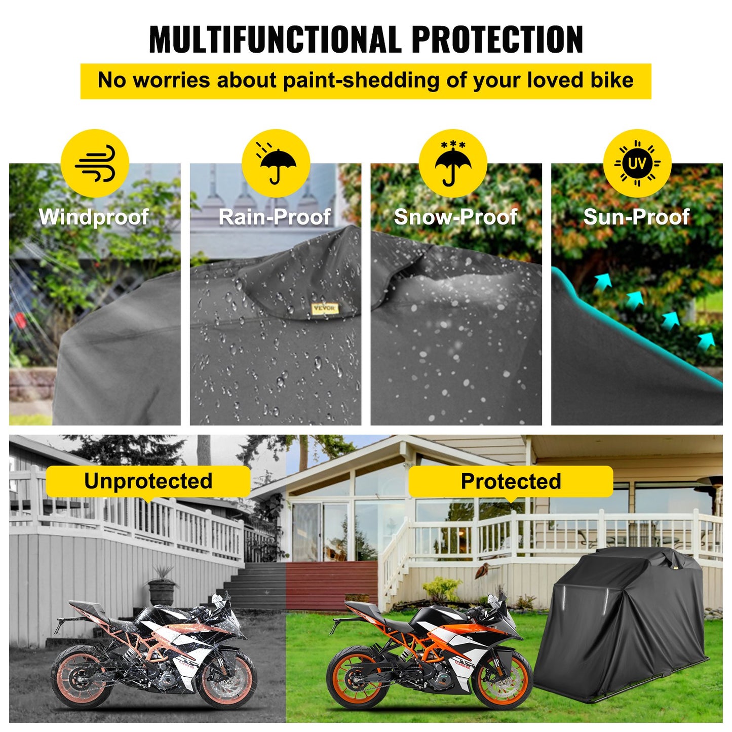 Motorcycle Shelter, Waterproof Motorcycle Cover, Heavy Duty Motorcycle Shelter Shed, 600D Oxford Motorbike Shed Anti-UV, 106.3"x41.3"x62.9" Black Shelter Storage Garage Tent w/ Lock & Weight Bag