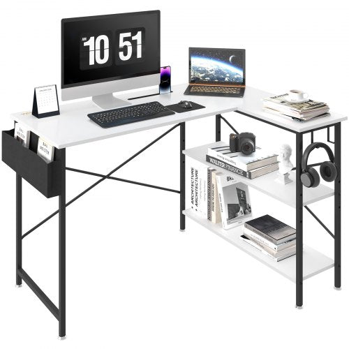 L Shaped Computer Desk, 47'' Corner Desk with Storage Shelves, Bag, Phone Slot, and Headphone Hook, Work Desk Gaming Desk for Home Office Workstation, White