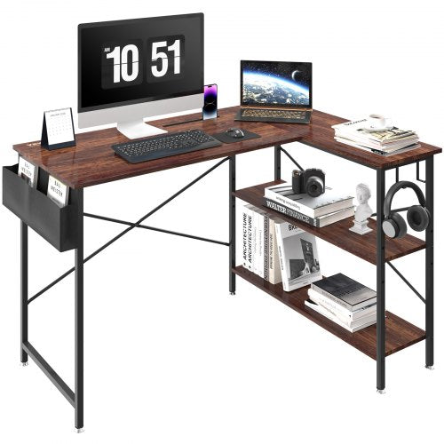 L Shaped Computer Desk, 47'' Corner Desk with Storage Shelves, Bag, Phone Slot, and Headphone Hook, Work Desk Gaming Desk for Home Office Workstation, Rustic Brown