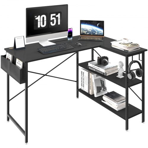 L Shaped Computer Desk, 47'' Corner Desk with Storage Shelves, Bag, Phone Slot, and Headphone Hook, Work Desk Gaming Desk for Home Office Workstation, Black