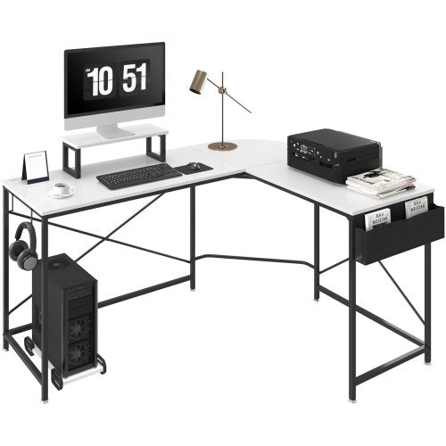 L Shaped Computer Desk, 59'' Corner Desk with Storage Bag, Monitor Riser and CPU Stand, Work Desk Gaming Desk for Home Office Workstation, White