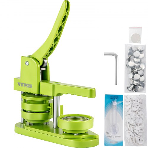 Badge Button Press, 2-1/4 inch (58 mm) Button Press Machine, Green Button Badge Maker Machine with 1 Circle Cutter and 500 Sets of Components (Metal Fronts, Clear Plastic Mylar, Plastic Backs)