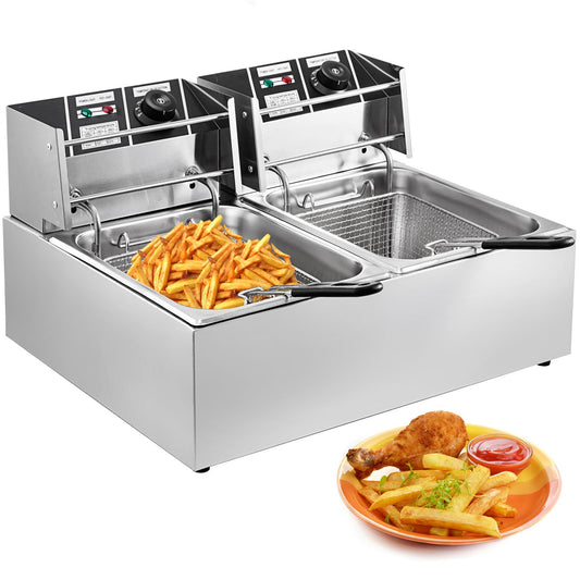 Commercial Deep Fryer 12L Electric Fryer 5000W Dual Tank YB-82A Electric Deep Fryer Countertop Stainless Steel French Fry for Commercial Uses