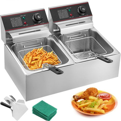 Commercial Deep Fryer 12L Electric Fryer  5000W Twin Basket YB-82 Dual Tank Electric Deep Fryer Countertop Stainless Steel French Fry for Commercial Uses