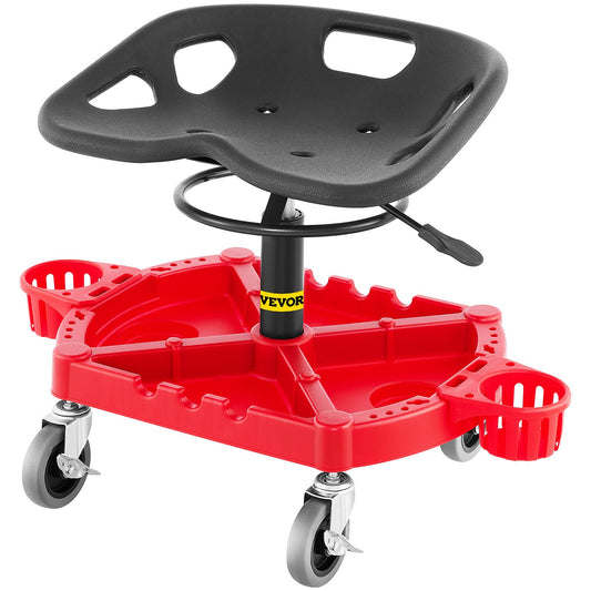 Rolling Garage Stool, 135 KG Capacity, Adjustable Height from 46 cm to 58 cm, 360-degree Swivel Wheels, Large Tool Tray with Two Bottle Holder, for Workshop, Auto Repair Shop, Red