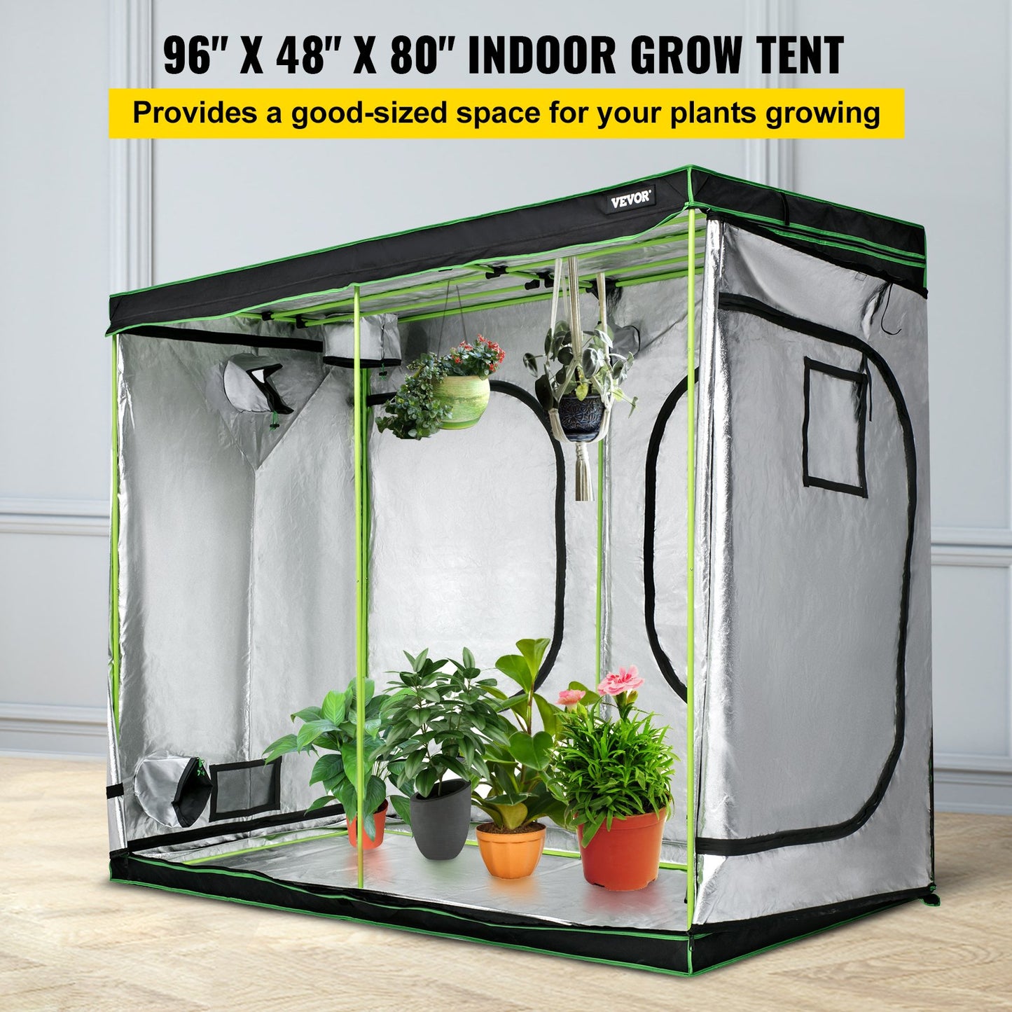 Grow Tent, 96" x 48" x 80" Hydroponics Mylar Reflective Room with Observation Windows and Removable Floor Tray, 100% Lightproof Large Closet for Indoor Plants Growing, 8'x4'