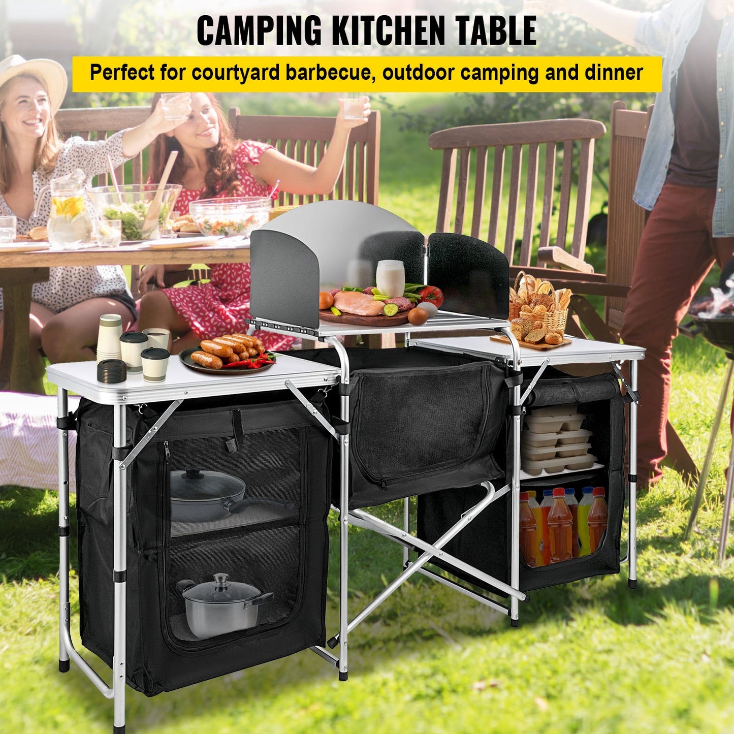 Black Camping Outdoor Kitchen Steel Windscreen Camping Kitchen Storage Table 3 Zippered Bags Camping Cook Table 2 Side Tables Camp Cook Table Portable Outdoor Camping Table for Outdoor Activit