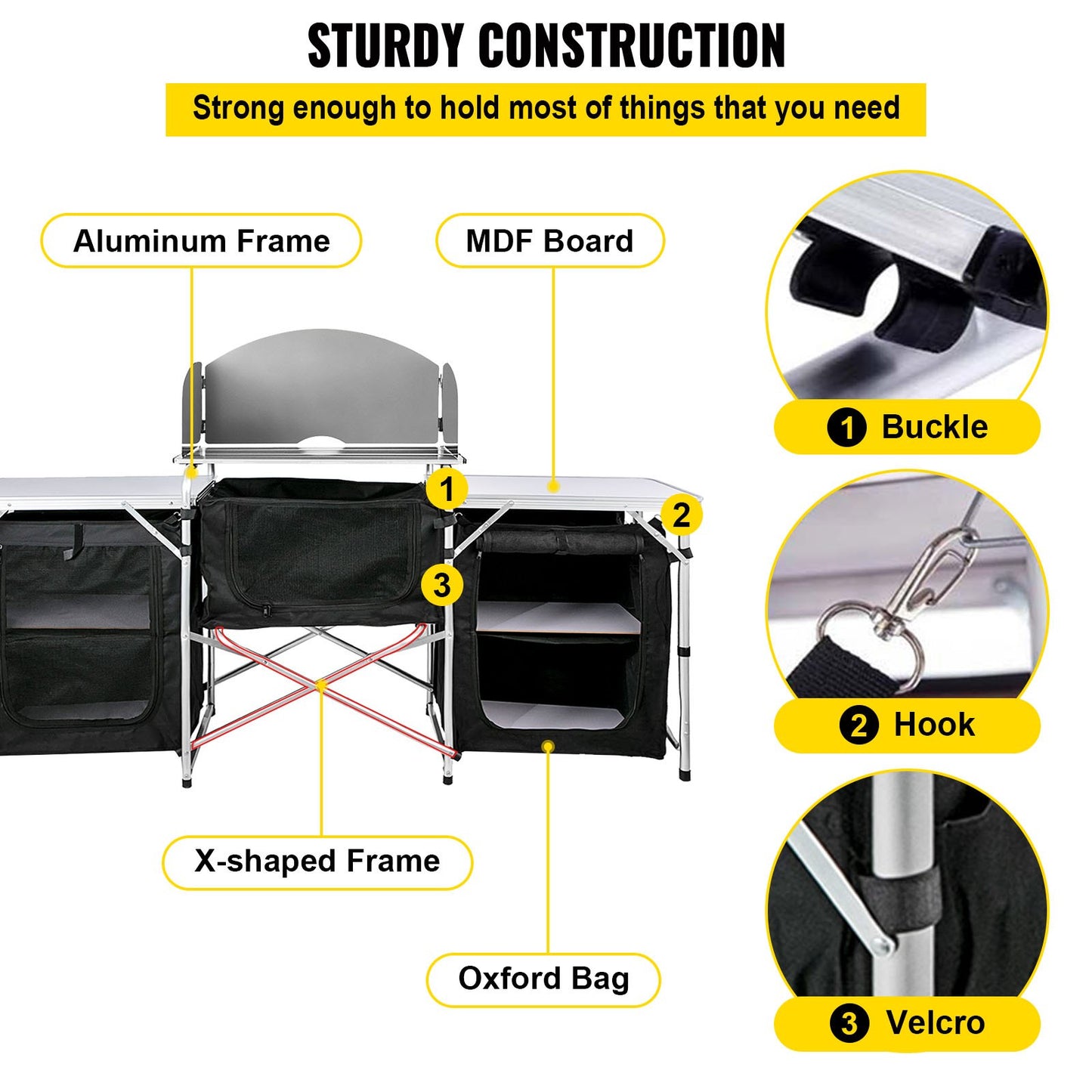 Black Camping Outdoor Kitchen Steel Windscreen Camping Kitchen Storage Table 3 Zippered Bags Camping Cook Table 2 Side Tables Camp Cook Table Portable Outdoor Camping Table for Outdoor Activit
