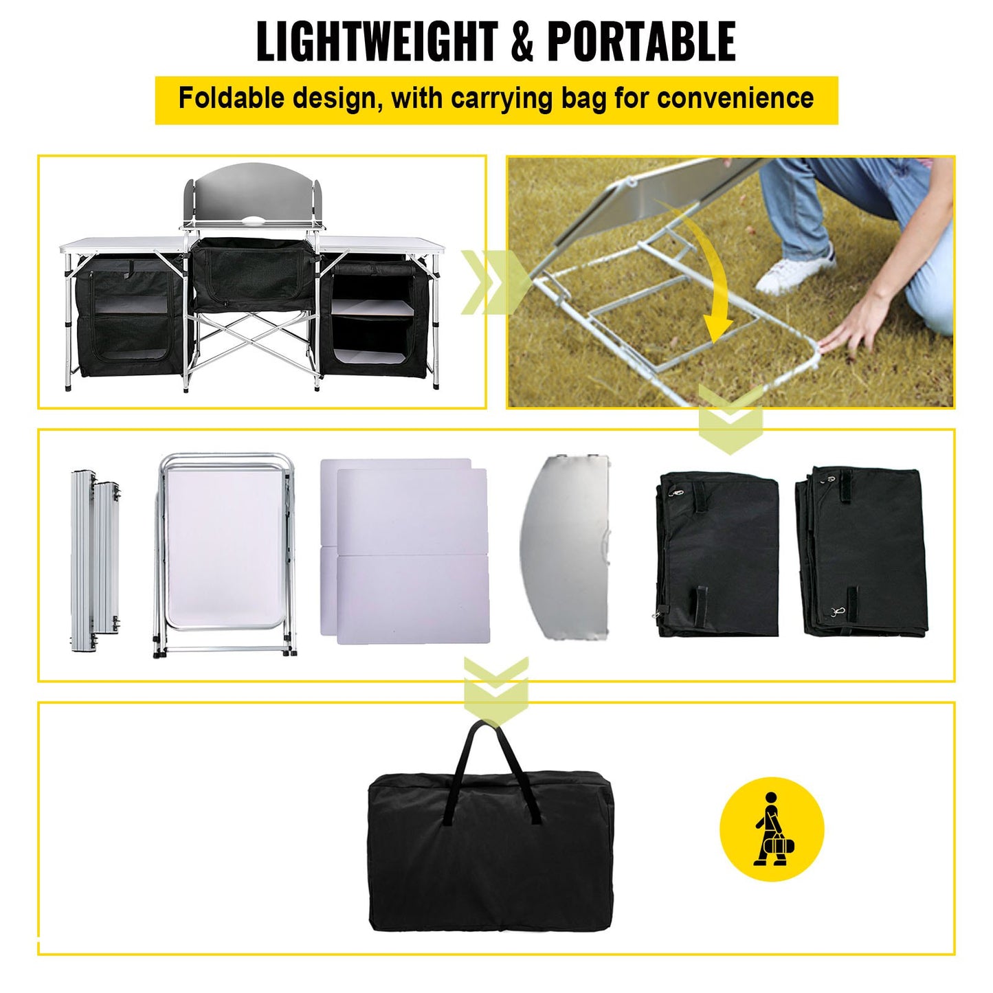 Black Camping Outdoor Kitchen Steel Windscreen Camping Kitchen Storage Table 3 Zippered Bags Camping Cook Table 2 Side Tables Camp Cook Table Portable Outdoor Camping Table for Outdoor Activit