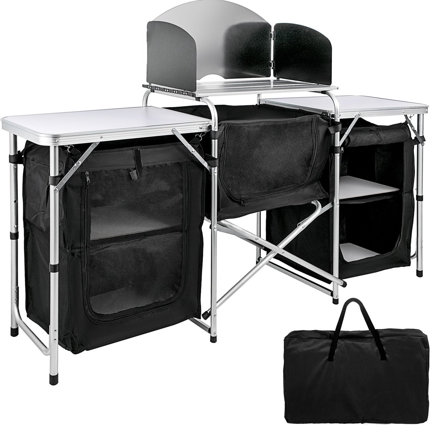 Black Camping Outdoor Kitchen Steel Windscreen Camping Kitchen Storage Table 3 Zippered Bags Camping Cook Table 2 Side Tables Camp Cook Table Portable Outdoor Camping Table for Outdoor Activit