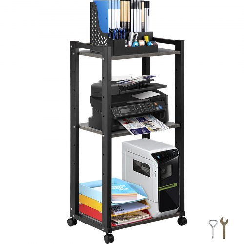 Printer Shelf, 3-Tier Mobile Printer Stand, Adjustable Storage Shelf Rack on Lockable Wheels, 88 lbs Capacity Printer Table for Home Office Small Spaces Organization, 50 x 35x 106.7 cm, Black