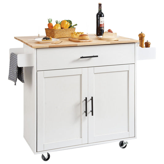 Kitchen Island Cart with Solid Wood Top, 35.4" Width Mobile Carts with Storage Cabinet, Rolling Kitchen Table with Spice Rack, Towel Rack, Drop Leaf and Drawer, Portable Islands on Wheels, White