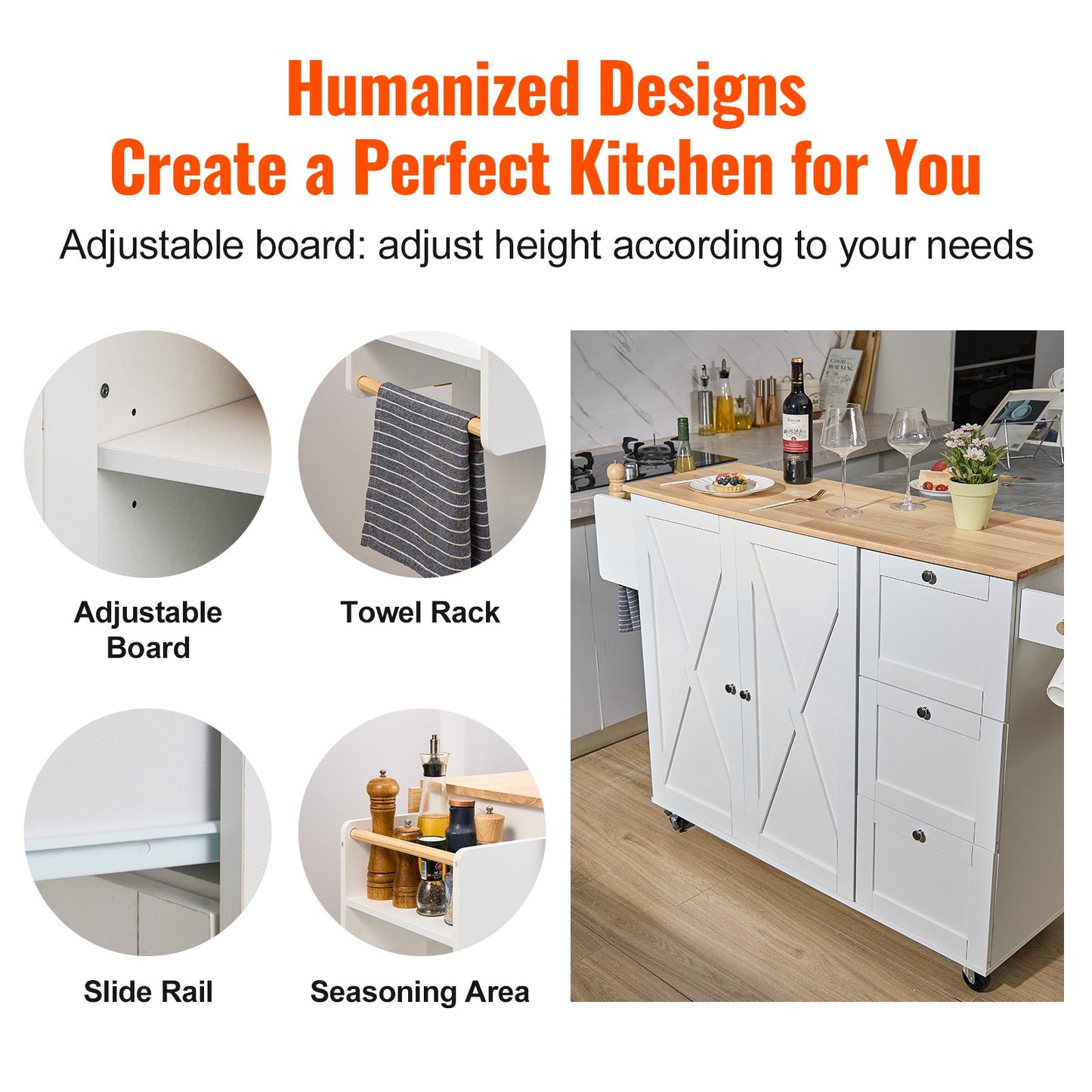 Kitchen Island Cart with Solid Wood Top, 45.3" Width Mobile Carts with Storage Cabinet, Rolling Kitchen Table with Spice Rack, Towel Rack, Drop Leaf and Drawer, Portable Islands on Wheels, White