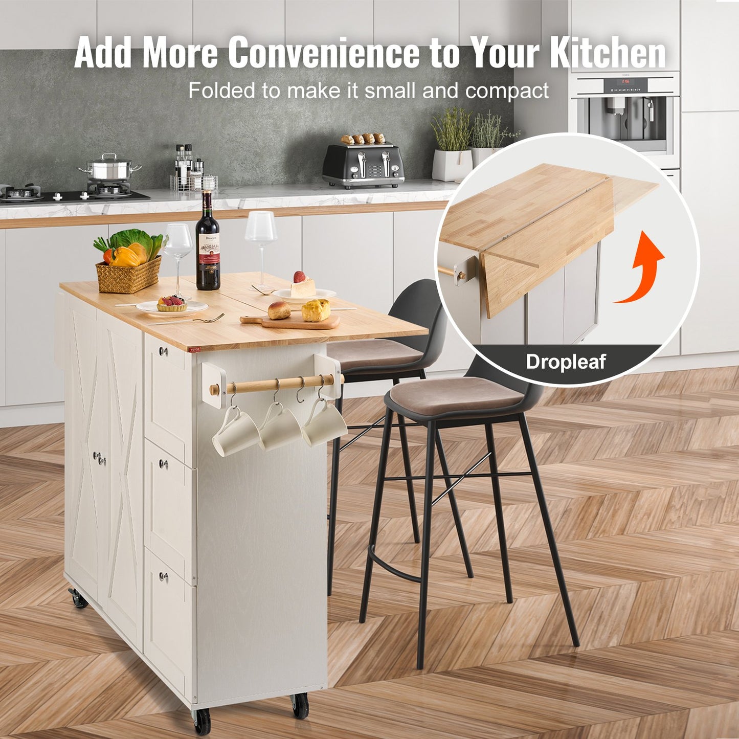 Kitchen Island Cart with Solid Wood Top, 45.3" Width Mobile Carts with Storage Cabinet, Rolling Kitchen Table with Spice Rack, Towel Rack, Drop Leaf and Drawer, Portable Islands on Wheels, White