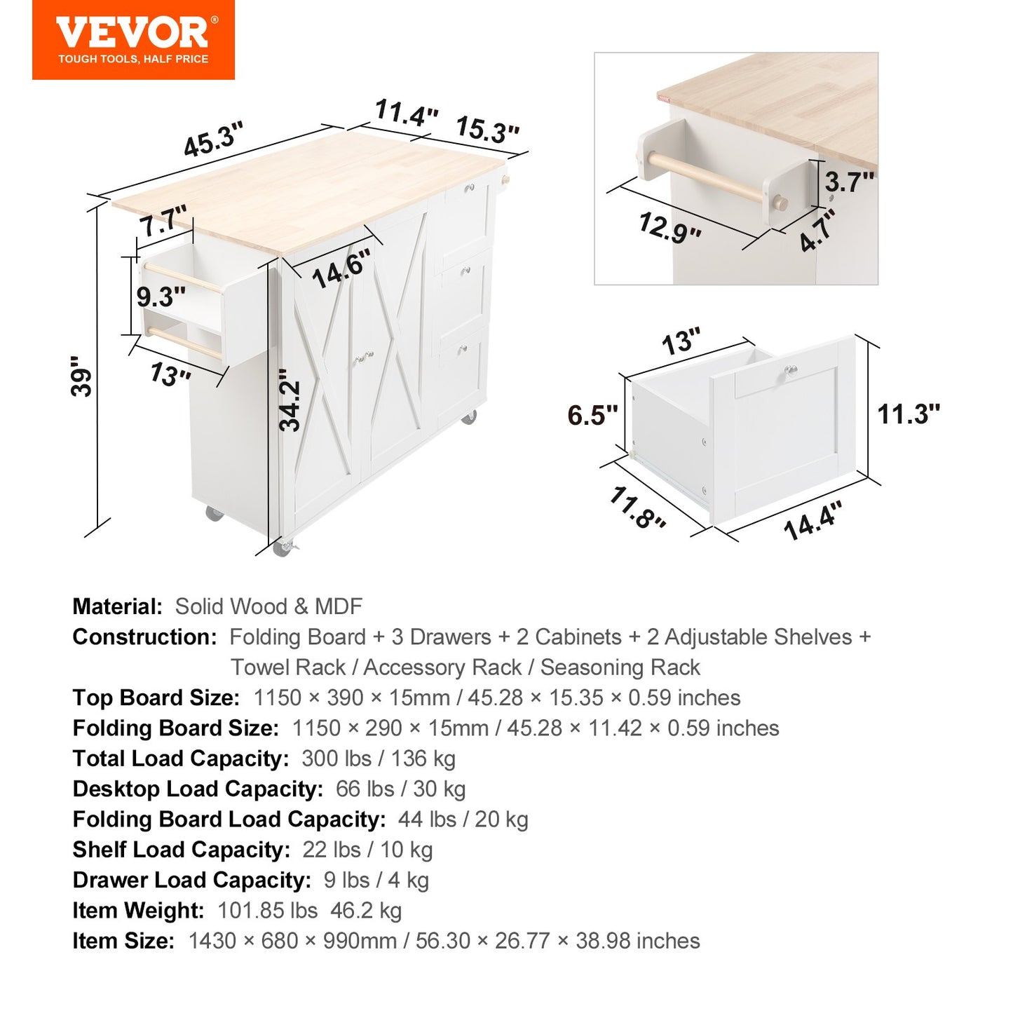 Kitchen Island Cart with Solid Wood Top, 45.3" Width Mobile Carts with Storage Cabinet, Rolling Kitchen Table with Spice Rack, Towel Rack, Drop Leaf and Drawer, Portable Islands on Wheels, White