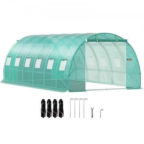 Walk-in Tunnel Greenhouse, 20 x 10 x 7 ft Portable Plant Hot House w/ Galvanized Steel Hoops, 3 Top Beams, 4 Diagonal Poles, 2 Zippered Doors & 12 Roll-up Windows, Green