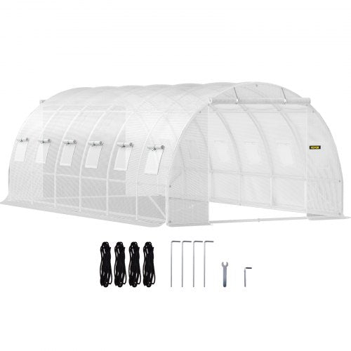 Walk-in Tunnel Greenhouse, 20 x 10 x 7 ft Portable Plant Hot House w/ Galvanized Steel Hoops, 3 Top Beams, 4 Diagonal Poles, 2 Zippered Doors & 12 Roll-up Windows, White