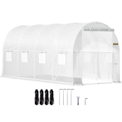 Walk-in Tunnel Greenhouse, 15 x 7 x 7 ft Portable Plant Hot House w/ Galvanized Steel Hoops, 1 Top Beam, 2  x Diagonal Poles, 2 Zippered Doors & 8 Roll-up Windows, White