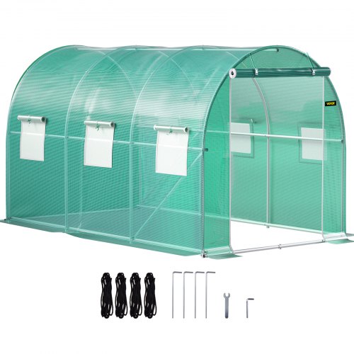 Walk-in Tunnel Greenhouse, 12 x 7 x 7 ft Portable Plant Hot House w/ Galvanized Steel Hoops, 1 Top Beams, 2 Diagonal Poles, 2 Zippered Doors & 6 Roll-up Windows, Green