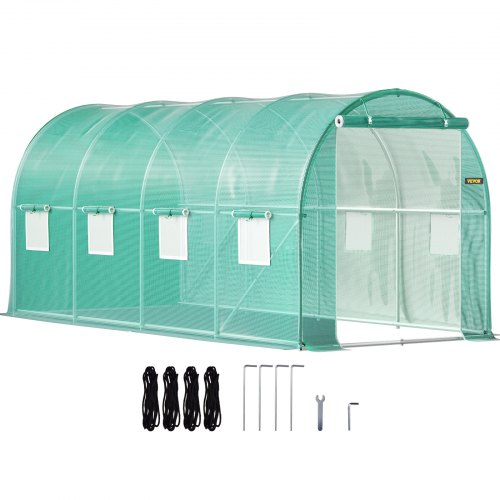 Walk-in Tunnel Greenhouse, 15 x 7 x 7 ft Portable Plant Hot House w/ Galvanized Steel Hoops, 1 Top Beam, 2 Diagonal Poles, 2 Zippered Doors & 8 Roll-up Windows, Green