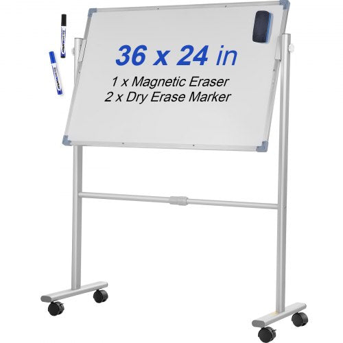 Mobile Magnetic Whiteboard, 60 x 90 cm, Double Sided, 360 Degree Reversible Rolling Dry Erase Board, Height Adjustable with Aluminum Frame and Lockable Swivel Wheels, for Office School Home