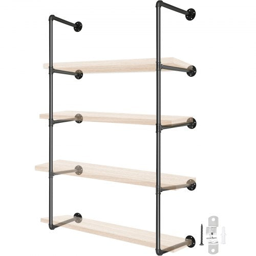 Industrial Pipe Shelves 4-Tier Wall Mount Iron Pipe Shelves 2 PCS Pipe Shelving Vintage Black DIY Pipe Bookshelf Each Holds 44lbs Open Kitchen Shelving for Bedroom & Living Room W/ Accessories