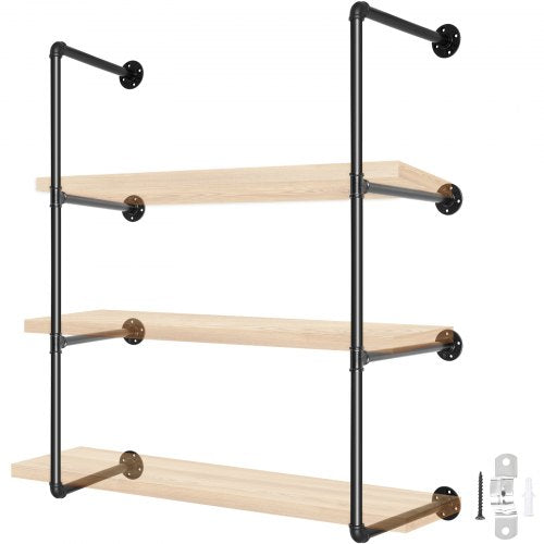 Industrial Pipe Shelves 3-Tier Wall Mount Iron Pipe Shelves 2 PCS Pipe Shelving Vintage Black DIY Pipe Bookshelf Each Holds 44lbs Open Kitchen Shelving for Bedroom & Living Room W/ Accessories