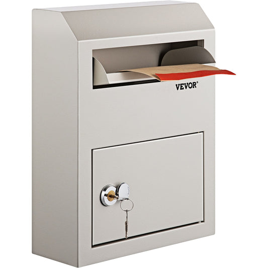 Suggestion Box, Donation Ballot Box with Lock, Wall Mounted Collection Box w/ Wide Drop Slot, Steel Key Drop Box for Home Office Factory School, 38x30.5x11 cm, Gray