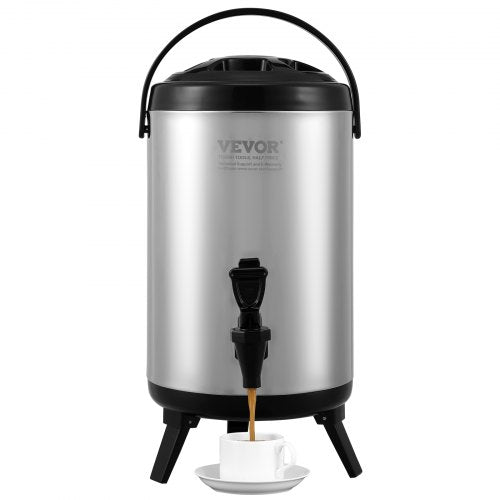 Stainless Steel Insulated Beverage Dispenser, 2 Gallon 7.6 Liter, Thermal Hot and Cold Drink Server Dispenser with Spigot Handle, Food-grade for Hot Tea Coffee Water Restaurant Drink Shop