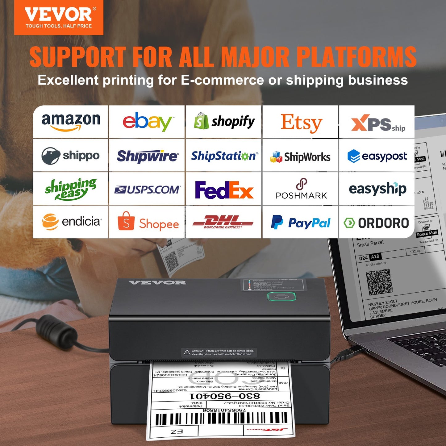 Thermal Label Printer, 300DPI for 4x6 Mailing Packages, Bluetooth & Automatic Label Recognition, Support Windows/MacOS/Linux/Chromebook/Android/IOS, Compatible w/ Amazon, eBay, Etsy,etc, Black