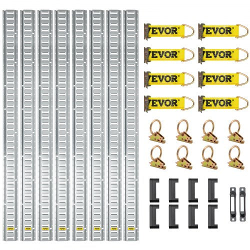 E Track Tie-Down Rail Kit, 34PCS 5FT E-Tracks Set Includes 8 Steel Rails & 2 Single Slot & 8 O Rings & 8 Tie-Offs w/ D-Ring & 8 End Caps, Securing Accessories for Cargo, Motorcycles, and Bikes
