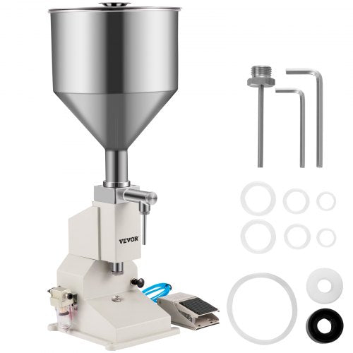 Pneumatic Liquid Filling Machine A02, Pneumatic Paste Filler 5-50ML, with Stainless Steel Hopper Bottle Filling Machine for Water Oil Liquid Cream Honey Skin Care 20-60 Times/Min