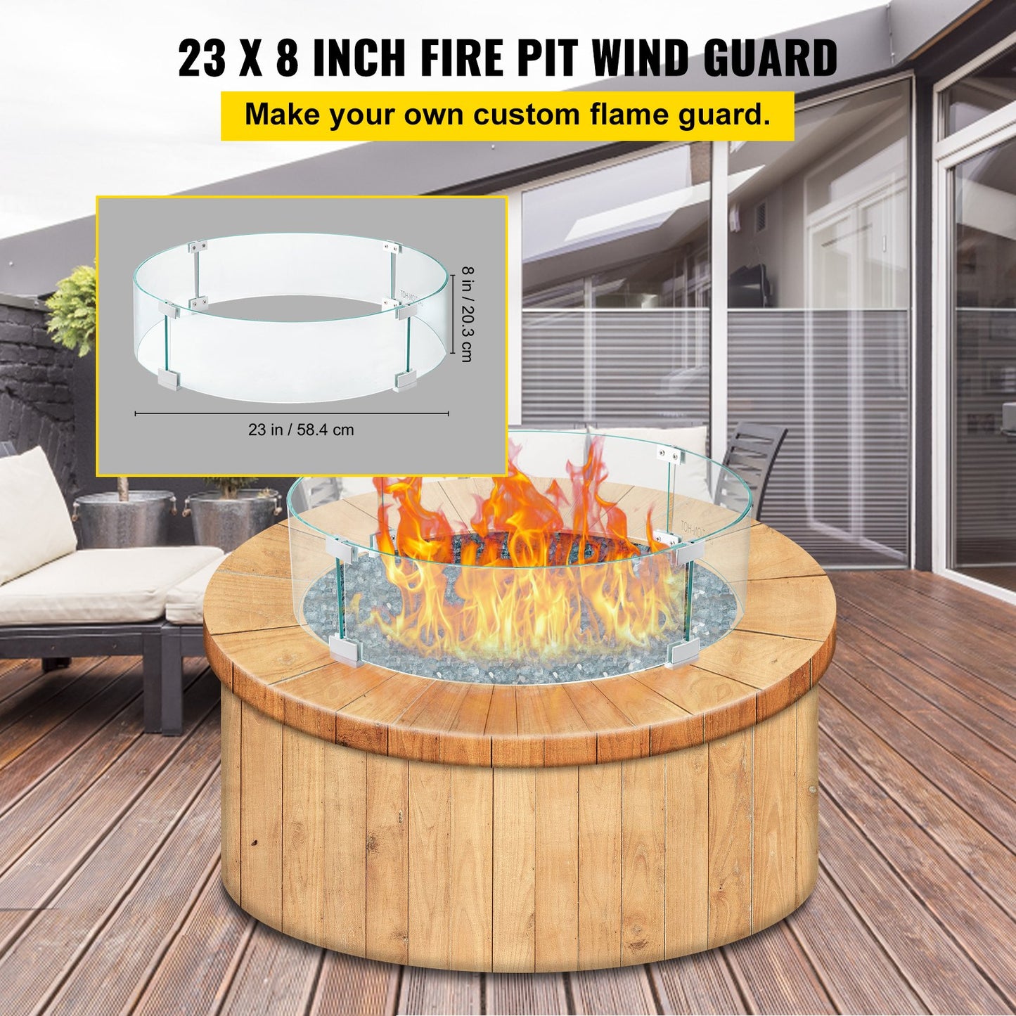 Fire Pit Wind Guard, 23 x 23 x 8 Inch Glass Flame Guard, Round Glass Shield, 1/4-Inch Thick Fire Table, Clear Tempered Glass Flame Guard, Steady Feet Tree Pit Guard for Propane, Gas, Outdoor