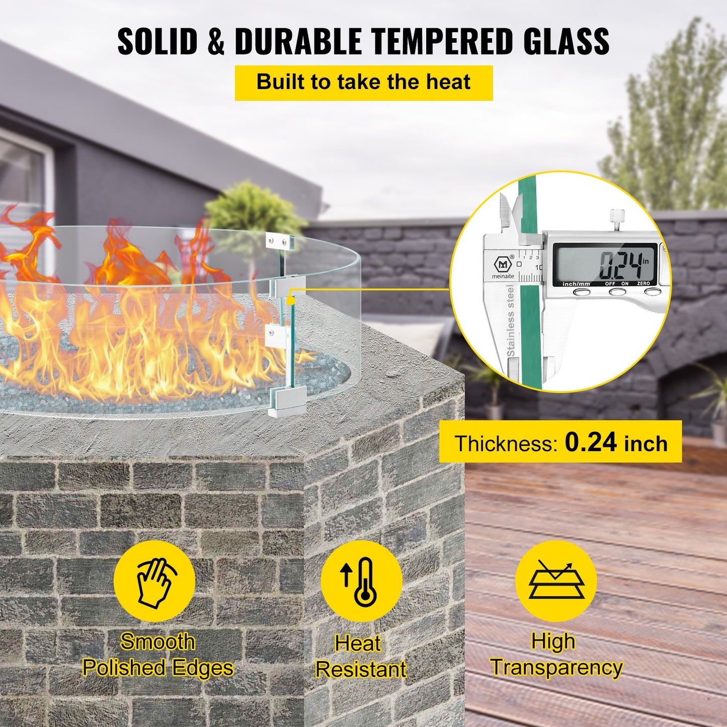 Fire Pit Wind Guard, 23 x 23 x 8 Inch Glass Flame Guard, Round Glass Shield, 1/4-Inch Thick Fire Table, Clear Tempered Glass Flame Guard, Steady Feet Tree Pit Guard for Propane, Gas, Outdoor