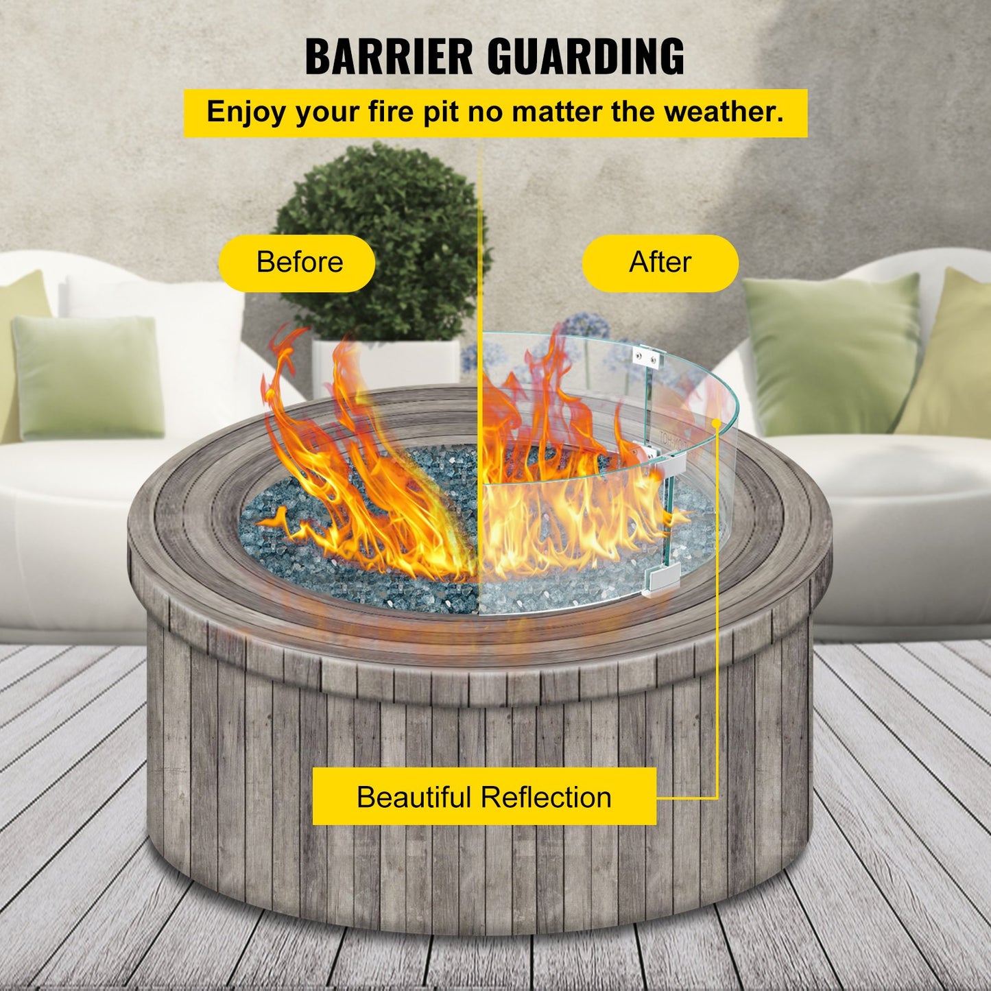 Fire Pit Wind Guard, 23 x 23 x 8 Inch Glass Flame Guard, Round Glass Shield, 1/4-Inch Thick Fire Table, Clear Tempered Glass Flame Guard, Steady Feet Tree Pit Guard for Propane, Gas, Outdoor
