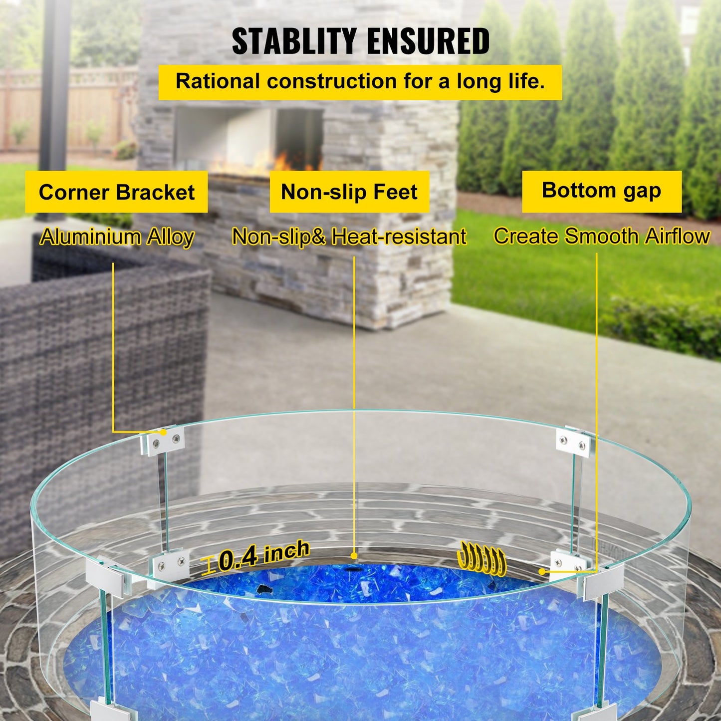 Fire Pit Wind Guard, 23 x 23 x 8 Inch Glass Flame Guard, Round Glass Shield, 1/4-Inch Thick Fire Table, Clear Tempered Glass Flame Guard, Steady Feet Tree Pit Guard for Propane, Gas, Outdoor