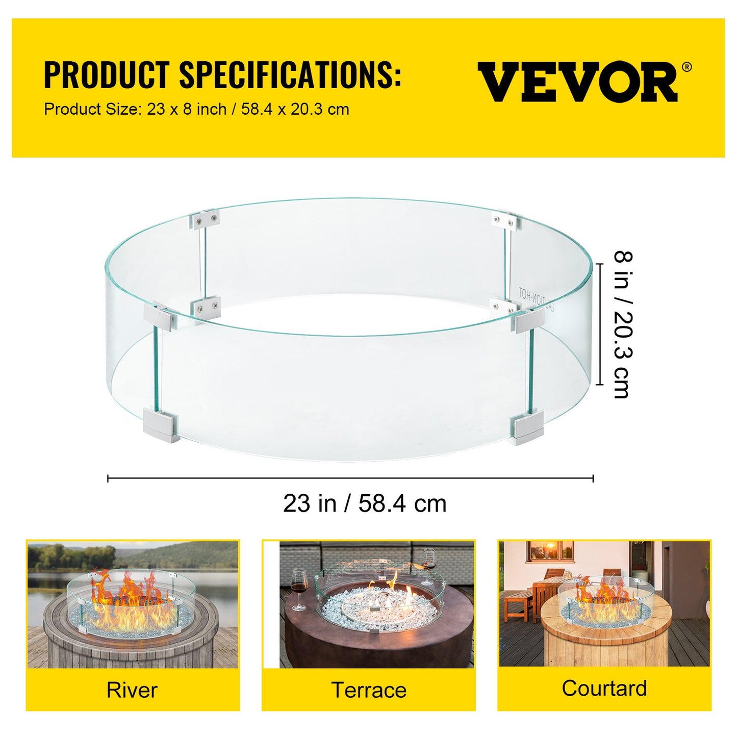 Fire Pit Wind Guard, 23 x 23 x 8 Inch Glass Flame Guard, Round Glass Shield, 1/4-Inch Thick Fire Table, Clear Tempered Glass Flame Guard, Steady Feet Tree Pit Guard for Propane, Gas, Outdoor