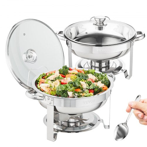 2-Pack Round Chafing Dish Set with Full-Size 4Qt Pan Glass Lid Fuel Holder