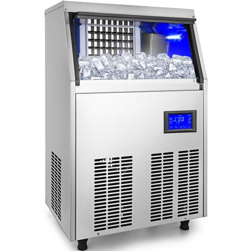 Commercial Ice Maker 220V Stainless Steel Ice Cube Maker Machine 110LBS/24H Ice Making Machine Intelligent LCD Control Panel with Water Drain Pump for Home Bars Restaurants