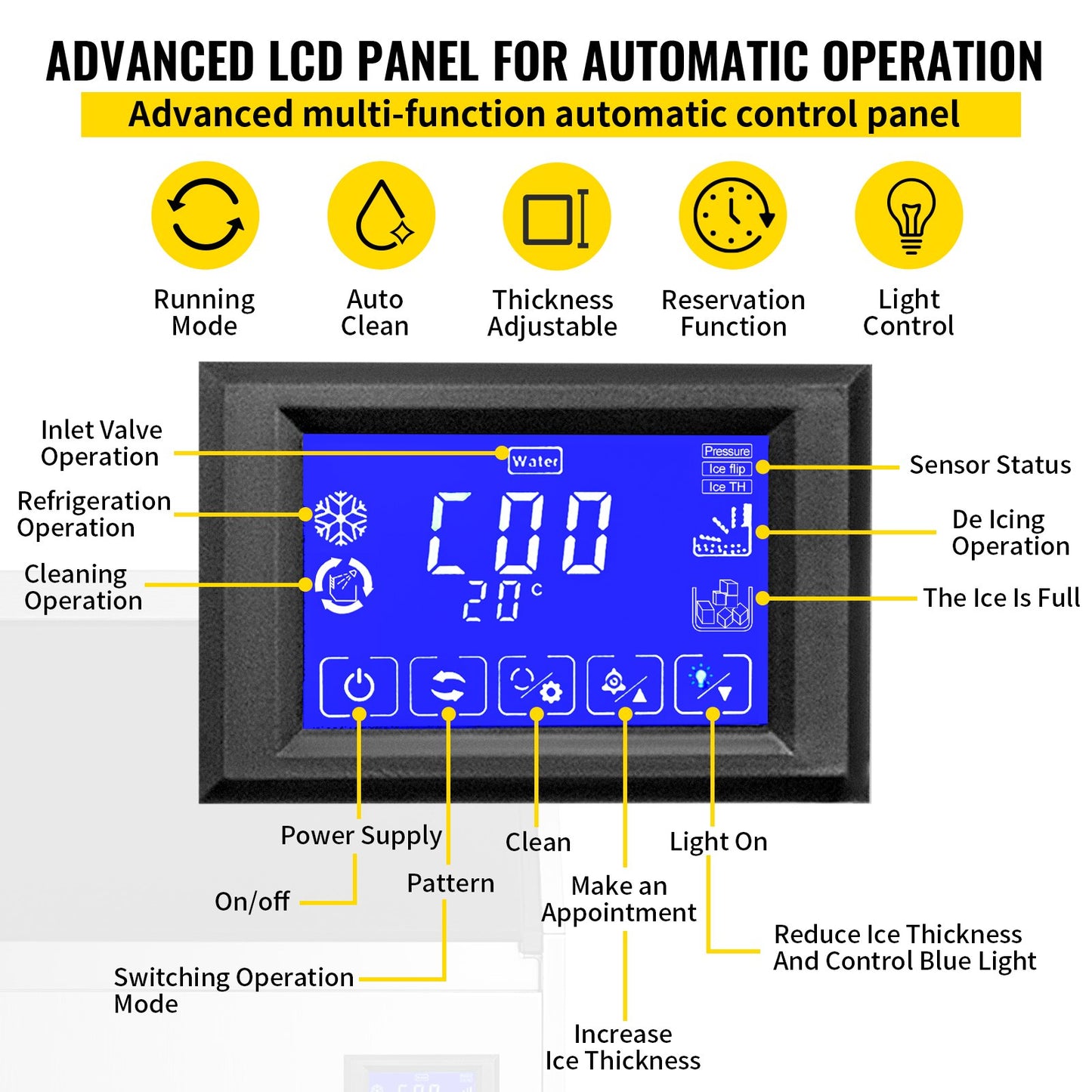 Commercial Ice Maker 220V Stainless Steel Ice Cube Maker Machine 110LBS/24H Ice Making Machine Intelligent LCD Control Panel with Water Drain Pump for Home Bars Restaurants