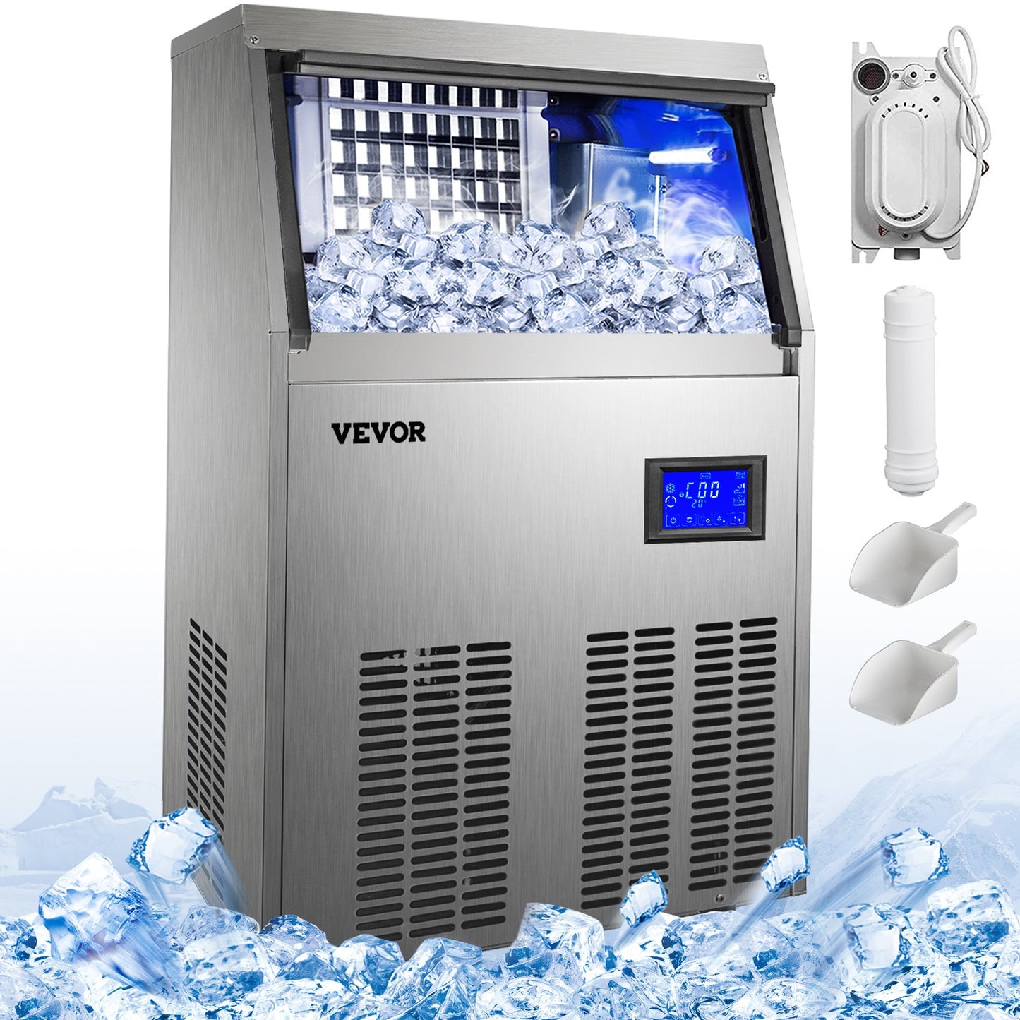 Commercial Ice Maker 220V Stainless Steel Ice Cube Maker Machine 110LBS/24H Ice Making Machine Intelligent LCD Control Panel with Water Drain Pump for Home Bars Restaurants