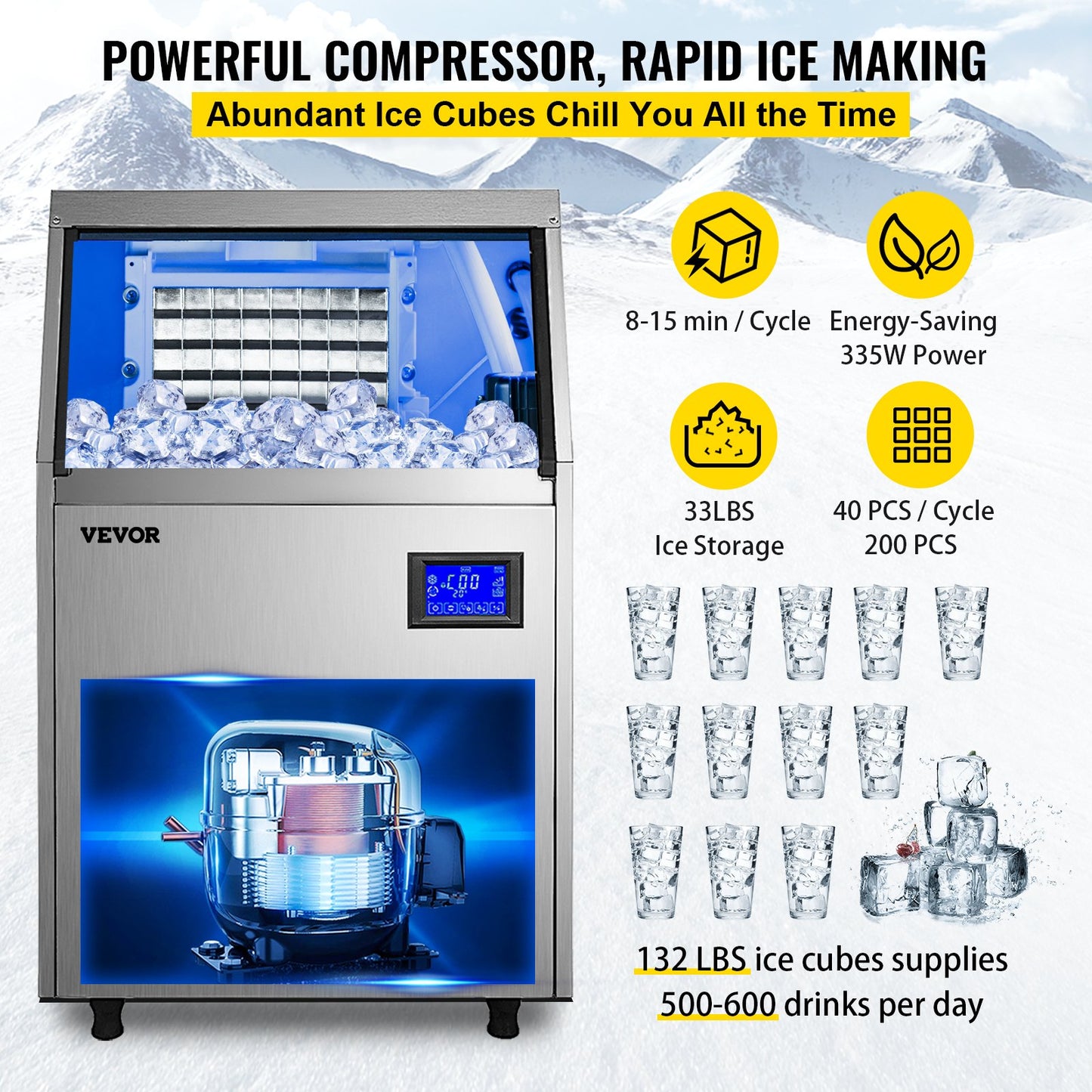 Commercial Ice Maker, 132LBS/24H, Stainless Steel Ice Cube Maker Machine with 33 LBS Storage, 335W Ice Making Machine with LCD Control Panel Water Filter Drain Pump for Bars Restaurants, 220V