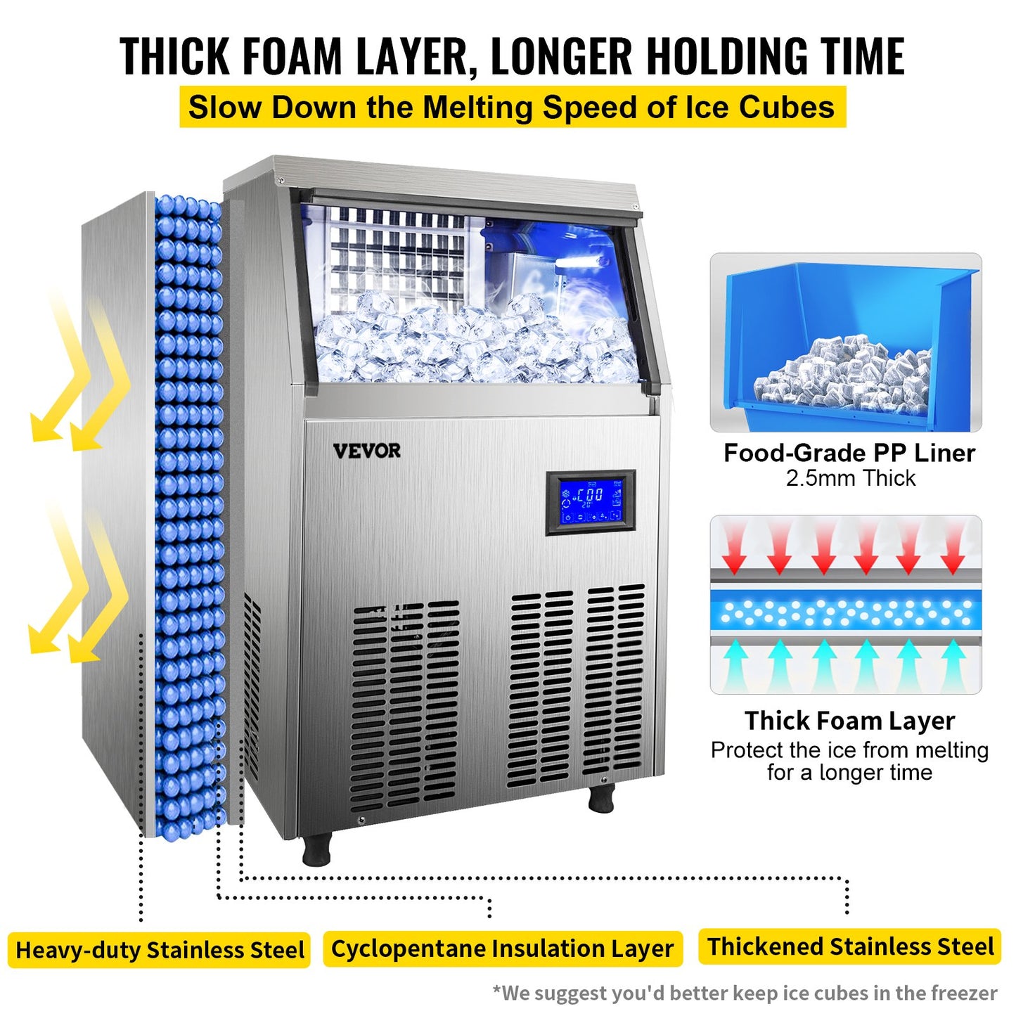 Commercial Ice Maker, 132LBS/24H, Stainless Steel Ice Cube Maker Machine with 33 LBS Storage, 335W Ice Making Machine with LCD Control Panel Water Filter Drain Pump for Bars Restaurants, 220V