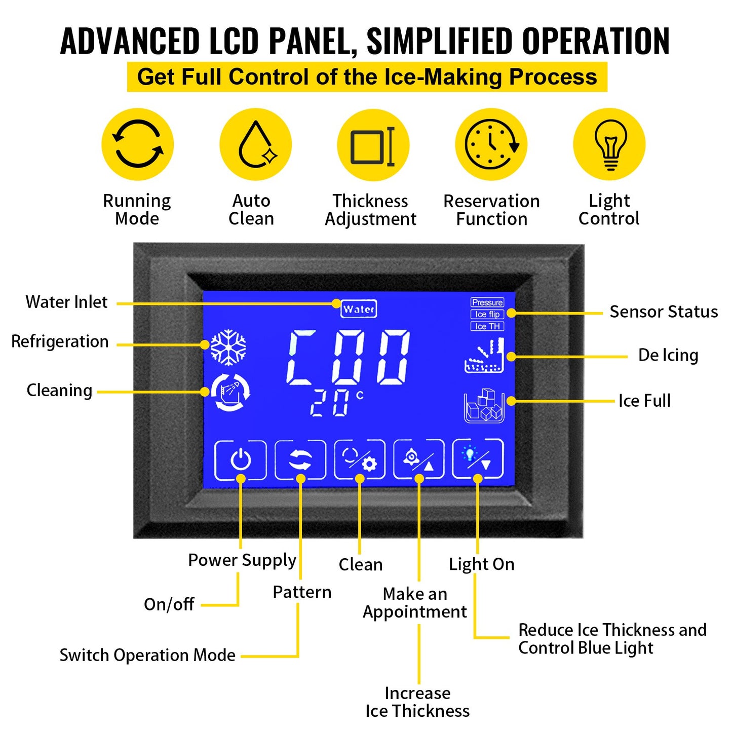 Commercial Ice Maker, 132LBS/24H, Stainless Steel Ice Cube Maker Machine with 33 LBS Storage, 335W Ice Making Machine with LCD Control Panel Water Filter Drain Pump for Bars Restaurants, 220V